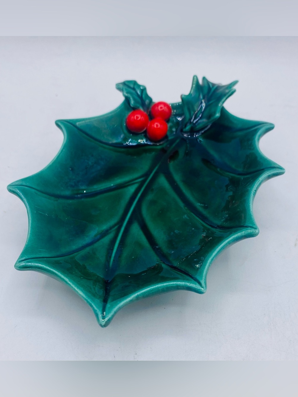Vintage Lefton  Green Holly Leaf Red Berries Ceramic Trinket/ Candy Dish Holiday